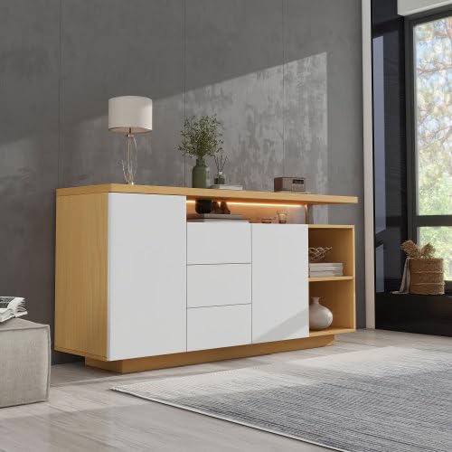 YuQozii Multifunktionales Sideboard, Länge 140 cm, weiß und Holzimitat - 2 Türen, 3 Schubladen, 2 offene Fächer, mit LED-Beleuchtung von YuQozii