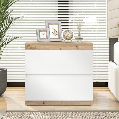 YuQozii Nachttisch, Nachtschrank mit Zwei Schubladen, Nachtkommode, Funktion von Aufbewahrung, für Schlafzimmer, E1-Spanplatte, weiß+Oak YuQozii Nachttisch, Nachtschrank mit Zwei Schubladen, Nachtkommode, Funktion von Aufbewahrung, für Schlafzimmer, E1-Spanplatte, weiß+Oak von YuQozii