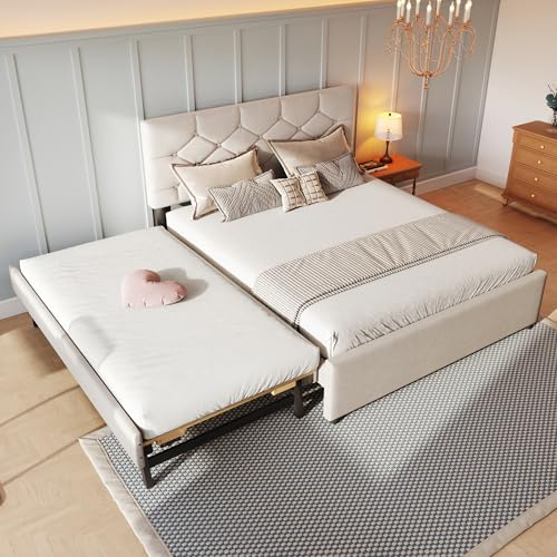YuQozii Polsterbett, 140x200cm, Bett mit Lattenrost (ohne Matratze), Bett mit Rollcontainer, Samt, Minimalistisch (Beige) von YuQozii