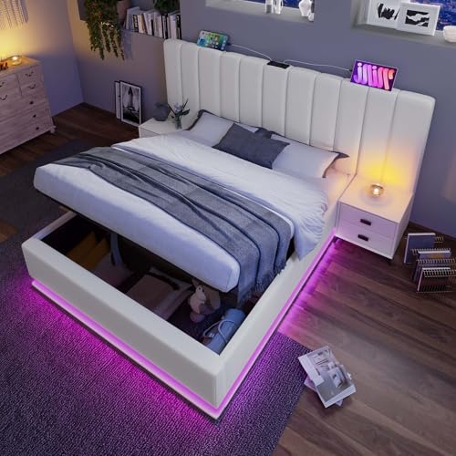YuQozii Polsterbett 160×200, Doppelbett Stauraumbett mit App Control LED und USB-C Ladefunktion, Bettgestell mit Lattenrost, Leinen, Mit Matratze, Ohne Nachttisch (Weiß+PU) von YuQozii