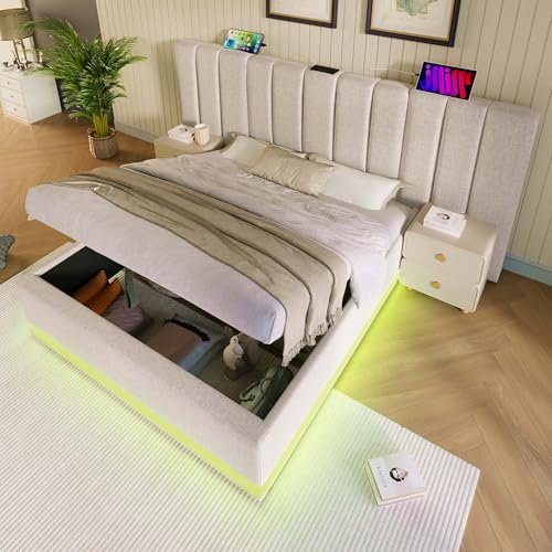 YuQozii Polsterbett 180×200, Doppelbett Stauraumbett mit LED und USB-C Ladefunktion, Bettgestell mit Lattenrost, Ohne Matratze und Nachttisch (Beige+Leinen) von YuQozii