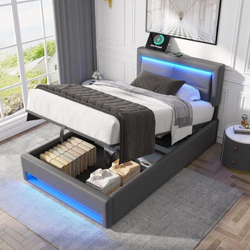 YuQozii Polsterbett 90 x 200 cm, mit USB-Anschluss (unterstützt kabelloses und kabelgebundenes Laden), mit LED-Beleuchtung und Stauraum, ohne Matratze, PU-Litschi-Muster (Grau) von YuQozii