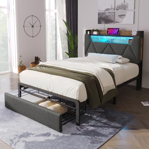 YuQozii Polsterbett Ladefunktion Stauraum-Kopfteilund Schubladen, Einzelbett 90 x 200 Stauraumbetten Bettgestell mit Lattenrost aus Metallrahmen, Grau(Ohne Matratze) von YuQozii