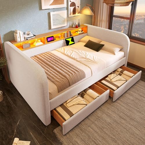 YuQozii Polsterbett Tagesbett 140x190 cm, Schlafsofa mit LED und USB-C Ladefunktion, Daybett mit 2 Schubladen und Stauraum-Kopfteil, Leinen, (Ohne Matratze) (Hellbeige) von YuQozii