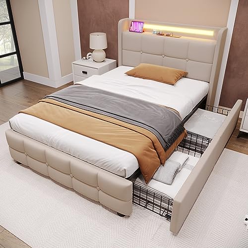 YuQozii Polsterbett mit 2 Schubladen,Einzelbett 90x200cm Stauraumbetten Bettgestell, Lattenrost aus Holz, Ohne Matratze (Beige) von YuQozii