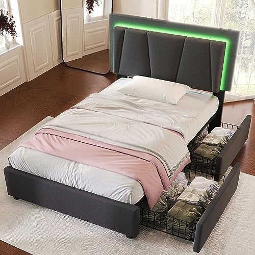YuQozii Polsterbett mit 2 Schubladen,Höhenverstellbarem Kopfteil,Einzelbett 90x200cm Stauraumbetten Bettgestell, Lattenrost aus Holz, (Ohne Matratze) (Grau) von YuQozii