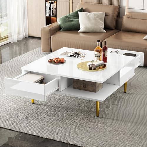 YuQozii Quadratischer Couchtisch in Hochglanz Weiß mit Zwei Schubladen, Zwei offenen Fächern und goldfarbenen Beinen – 70 x 70 x 36 cm – Belastbar bis 30 kg YuQozii Quadratischer Couchtisch in Hochglanz Weiß mit Zwei Schubladen, Zwei offenen Fächern und goldfarbenen Beinen – 70 x 70 x 36 cm – Belastbar bis 30 kg von YuQozii