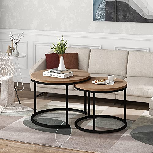 YuQozii Runder Couchtisch 2er Set Satz Couchtisch Wohnzimmer Runder geschachtelter Beistelltisch (Eiche) von YuQozii
