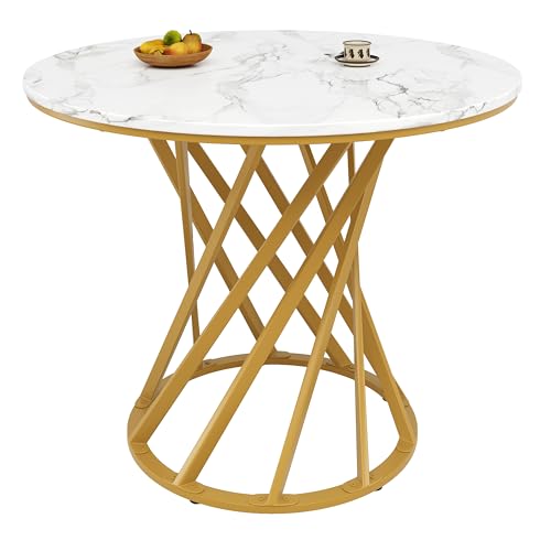 YuQozii Runder Esstisch (80×80×76cm), Küchentisch, Runder Kaffeetisch für 4,geeignet für Esszimmer, Wohnzimmer,Tischbeine aus Metall,MDF marmorierte Tischplatte (Goldene Beine) von YuQozii