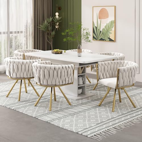 YuQozii Samt-Esszimmerstuhl, einzelner Heller Luxus-Wohnzimmer-Schlafzimmer-Drehstuhl, Freizeit-Drehstuhl mit Vier Stützbeinen aus Metall,Beige und Gold (4) von YuQozii
