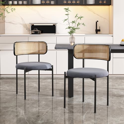 YuQozii Samt-Esszimmerstuhl,2er Set, moderner, einfacher Freizeitstuhl mit Vier Stützbeinen aus Metall, Rattan-Freizeitstuhl, Wohnzimmer- und Schlafzimmerstuhl (Grau) von YuQozii