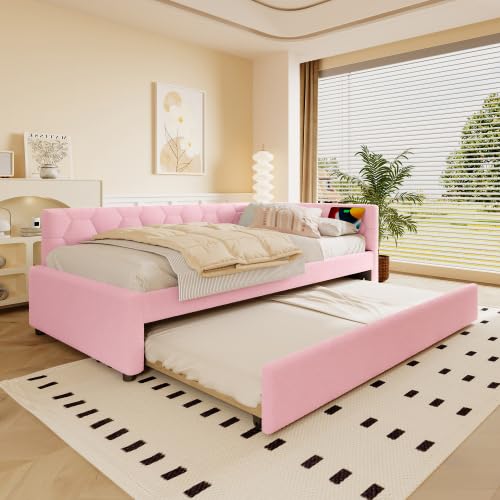 YuQozii Schlafsofa, 90x200 cm Schlafsofa, ohne Matratze, mit Nachttischlampe, mit multifunktionalem Ausziehbett, USB-Anschluss, Typ-C-Anschluss, Vliesimitat (Rosa) von YuQozii