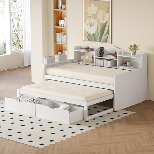 YuQozii Schlafsofa 90 * 200, Ausziehbett 90 * 190 mit Zwei Schubladen, großem Staufach und Ablagekorb, USB-Steckdose, Einzelholzbett (Weiß) von YuQozii
