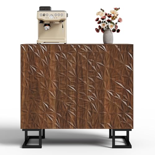 YuQozii Sideboard Kommode 80×40×78 cm – Blattpoesie Serie–Dunkle Walnussoptik mit Blattrelief–Push-to-Open Türen, Metallfüße–Modernes Design für Wohnzimmer & Flur von YuQozii