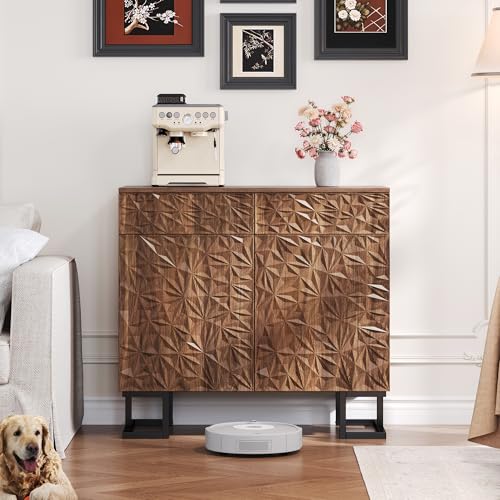YuQozii Sideboard Kommode 80×40×78cm–Serie Blattpoesie–Dunkle Walnussoptik mit Blätterrelief–Metallbeine,2 Schubladen&2 Türen–Grifflose Anrichte für Wohnzimmer&Esszimmer von YuQozii