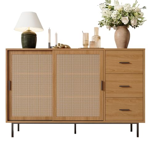 YuQozii Sideboard mit 2 Schiebetüren und 3 Schubladen mit verstellbaren Einlegeböden, Sideboard im Landhausstil, geeignet für Wohn- und Esszimmer. Maße: Breite 140/H91/T37 cm von YuQozii