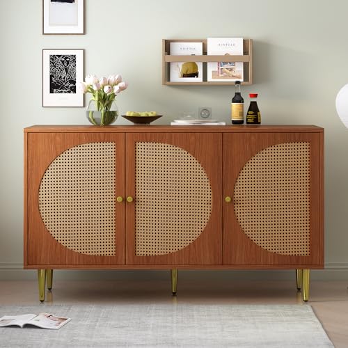 YuQozii Sideboard mit 3 Rattan verzierten Türen Kommode Highboard mit Metallgriffe, für Schlafzimmer & Wohnräume & Büro, Nussbaum 129.8X 40x 76cm von YuQozii