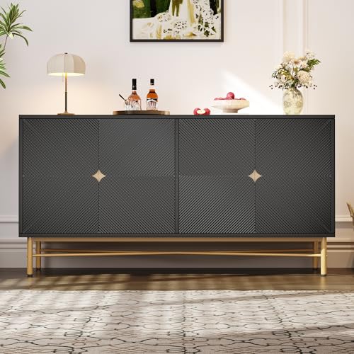 YuQozii Sideboard mit Erhabener Textur 160cm, Schrank mit Vier Türen Goldene Gebürstete Griffe und Hochglanz Tischbeine, 160×40×82cm (Schwarz) von YuQozii