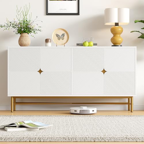 YuQozii Sideboard mit Erhabener Textur 160cm, Schrank mit Vier Türen Goldene Gebürstete Griffe und Hochglanz Tischbeine, 160×40×82cm (Weiß) von YuQozii