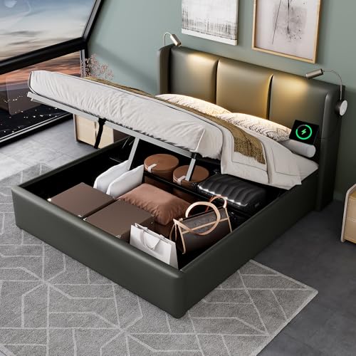 YuQozii Softbett, Doppelbett, Bettkasten mit Stauraum, Leselampe mit USB-Kopfteil, Bettrahmen mit Stauraum.PU-Jugendbett, 140x200, mit Lattenrost (ohne Matratze) von YuQozii