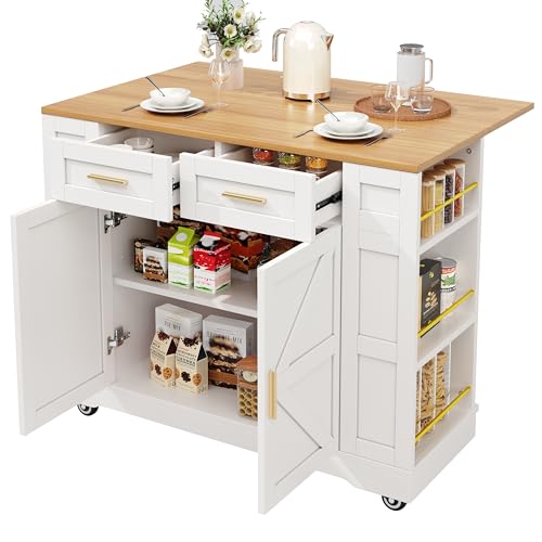 YuQozii Speisewagen mit Holzmaserung,Moderne Kücheninsel, Küchenschrank, buffetschrank, buffetschrank, Multifunktionale Esstisch mit Speicherraum, Speisewagen mit Stretchfunktionsschränken (weiß) von YuQozii