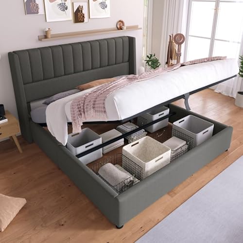 YuQozii Stauraumbett，Polsterbett，Hydraulisch Doppelbett，160x200cm, Lattenrost aus Holz, Bett mit Lattenrost aus Metallrahmen, Leinen (Grau) von YuQozii