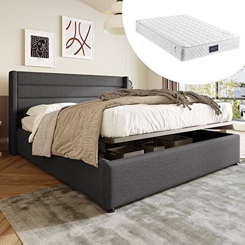 YuQozii Stauraumbett Polsterbett Hydraulisch Doppelbett 140x200cm, Inklusive Matratze, Lattenrost aus Holz, Bett mit Lattenrost aus Metallrahmen, Leinen (Grau) von YuQozii