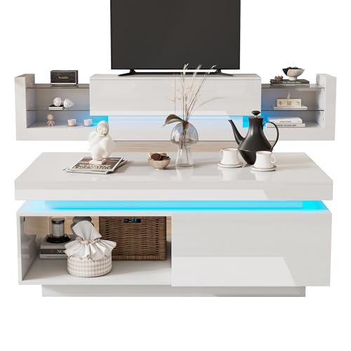 YuQozii TV-Schrank + Couchtisch, Wohnzimmer-Wand-Set, Hochglanz-TV-Wandschrank, weiß, Hochglanz-TV-Schrank-Set von YuQozii