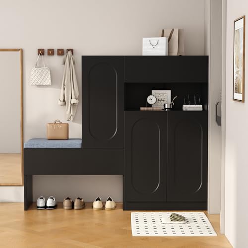 YuQozii Trendiger 2-in-1 Schuhschrank mit gewölbten Türen – Klapptür mit Soft-Close-Funktion, höhenverstellbaren Fächern und gepolsterter Sitzbank,130×35×110cm (Schwarz) von YuQozii