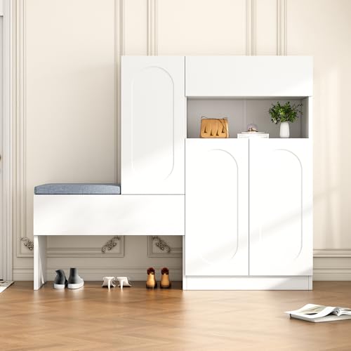 YuQozii Trendiger 2-in-1 Schuhschrank mit gewölbten Türen – Klapptür mit Soft-Close-Funktion, höhenverstellbaren Fächern und gepolsterter Sitzbank,130×35×110cm (Weiß) von YuQozii