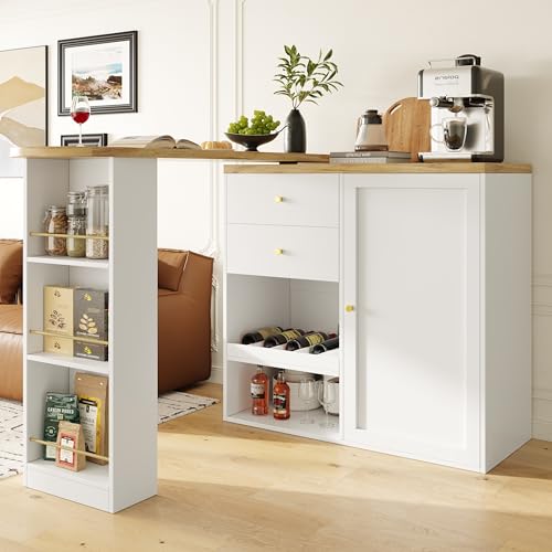 YuQozii Um 360° drehbarer Bartisch (Hauptkörper 105 x 39 x 102 cm), mit 2 Schubladen und Schiebetürschrank, 3 Ebenen offener Stauraum, geeignet für Esszimmer/Arbeitszimmer/Wohnzimmer usw von YuQozii