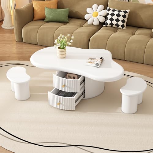 YuQozii Unregelmäßiger Couchtisch in Wolkenform mit 2 Hockern, 97cm Länge, 67cm Breite, 32cm Höhe, MDF-Tischplatte, inkl. 2 Schubladen und Filzunterlagen,Couchtisch mit 2 kleinen Bänken YuQozii Unregelmäßiger Couchtisch in Wolkenform mit 2 Hockern, 97cm Länge, 67cm Breite, 32cm Höhe, MDF-Tischplatte, inkl. 2 Schubladen und Filzunterlagen,Couchtisch mit 2 kleinen Bänken von YuQozii