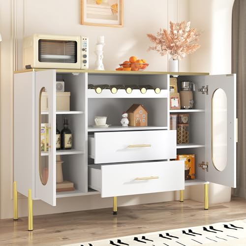 YuQozii Weißes Sideboard, Glasfronten & Weinregal – Sideboard für Esszimmer & Wohnzimmer – Verstellbarer Fuß – Viel Stauraum & modernes Design von YuQozii