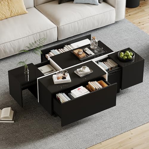 YuQozii Wohnzimmertisch mit Vier Schubladen, moderner quadratischer Couchtisch, Colorblock-Sofatisch, Hochglanz-Finish, 100 x 60 x 40 cm, verschiebbare Tischplatte (Schwarz) von YuQozii