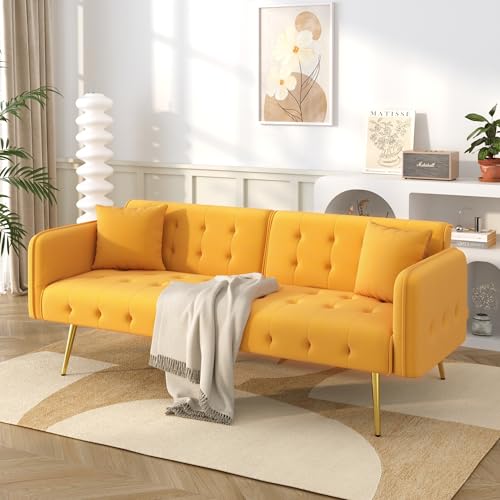YuQozii Zweisitzer-Multifunktions-Sofabett mit Bettfunktion, Verstellbarer Rückenlehne + mehrstelligen Armlehnen. Modernes Faltsofabett für Wohnzimmer - Veloursbezug (Gelb) von YuQozii