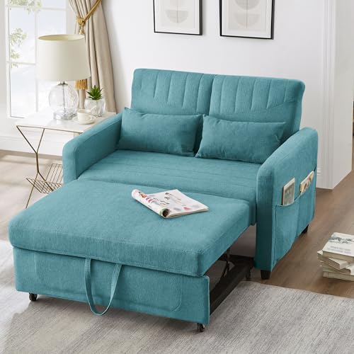 Zweisitzer-Klappsofa, Sofabett mit Schlaffunktion, ausziehbares Design, schlicht und modern, zeitgemäßer Stil, dreistufig verstellbare Rückenlehne, atmungsaktiver Baumwoll-Leinen-Stoff (Blaugrün) von YuQozii
