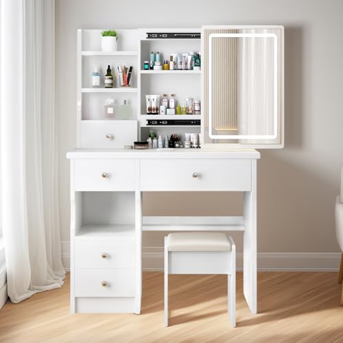YuYe Schminktisch mit LED-Beleuchtung, Spiegel einstellbare Helligkeit, Schminktisch mit Hocker，Frisiertisch mit 5 Schubladen und 3 Ablagen, Modern Kosmetiktisch aus Holz Weiß (T68) von YuYe