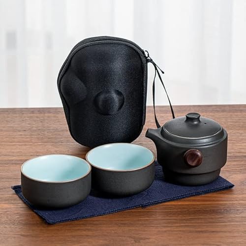 YuZiJiang Chinesisches tragbares Tee-Set Keramik 1 Kanne 2 Tassen Reise-Tee-Set Tassen Aufbewahrungstasche Teegeschirr-Set Wärmeisolierbehälter von YuZiJiang