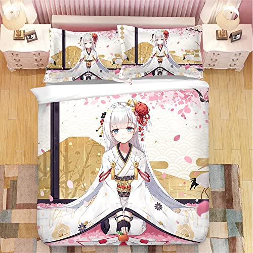 Azur Lane – Kimono/Sakura-Baum/Mädchen Anime Bettwäsche-Sets Cartoon 3D-gedrucktes Polyestergewebe 1 Bettbezug + 2 Kissenbezüge (keine Bettdecke) von YuZong