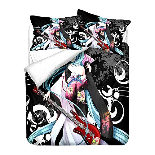 YuZong Hatsune Miku Bettwäsche aus weichem Polyester dreiteilig Anime-Bettbezug Kissenbezug Anime-Figuren Cartoon-Kinder Kinder Teenager Erwachsene von YuZong