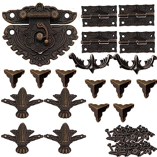 Antike Beschläge Set, 19 Stück Schloss Antik Bronze Antike Scharniere Vintage Eckenschutz Dekorativer Ecke Fuß Standfüße Vintage Beschläge für Holzkisten Geschenkboxen Schmuckschatullen von Yuaaoh