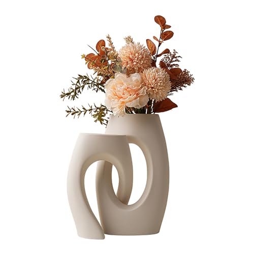 Donut Vase 2er Set Keramik Vase Weiss Matt Boho Vase Pampasgras Vase Weiß Minimalistisch für Wohnzimmer, Schlafzimmer, Küche, Büro, Hochzeitsdekoration von Yuaaoh