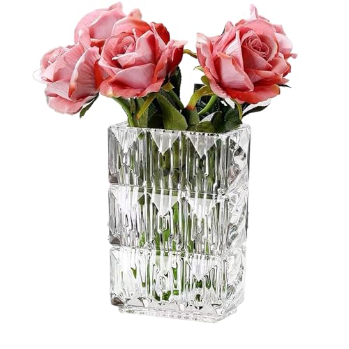 Geriffelte Glasvase Klarglas Vase Gerippt Blumenvase Minimalistisch Rechteckige Blumenvase aus Glas für Wohnzimmer, Esstisch, Bücherregal, Hochzeit, Büro (15 * 10 * 20cm) von Yuaaoh