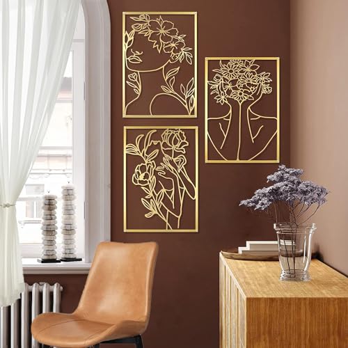 Gold Wanddeko Metall 3 Teiliges Abstrakte Frau Wandkunst Moderne Wanddeko Frau Minimalistische Wanddeko Metall für Zuhause Büro Wohnzimmer Hotel Dekoration (40 * 28CM) von Yuaaoh