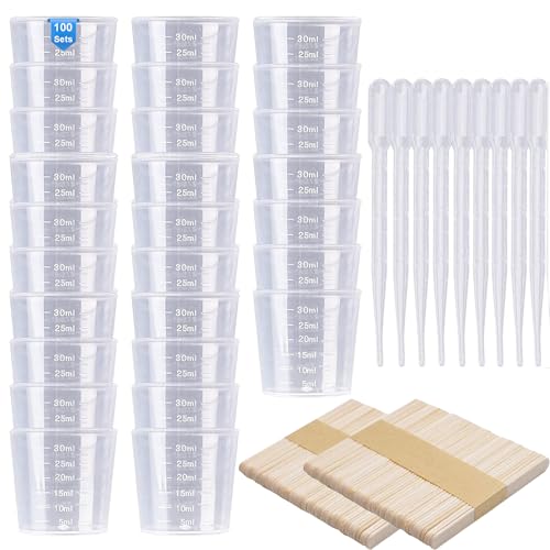 Messbecher Epoxidharz Set 100STK Messbecher Klein Plastik 30ml 100STK Holzstäbchen zum Basteln 100STK Pipetten Plastik 3ml, Messbecher Mischbecher für Mischen von Harz, Stain, Epoxy und Farbe(300STK) von Yuaaoh