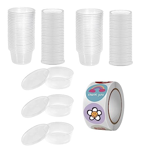 Yuaaoh Saucenbecher mit Deckel 50Stück Slime Aufbewahrungsbehälter, 1 Rolle 500 Aufkleber, Auslaufsichere transparent kunststoffbehälter für Dips Gewürze Ketchup Salate Schleim Floam Beads Behälter von Yuaaoh