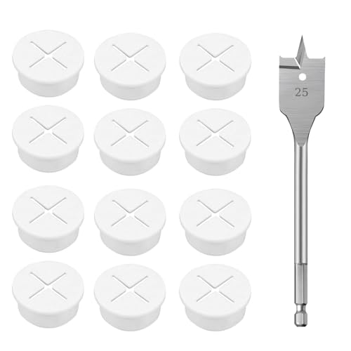 Yuaiosn 12 Stück 25mm runde Kabeldurchführung, Kabeldurchführung, kabeldurchführung schreibtisch, 2.5 cm Kabeldurchlass mit 1 Bohrer für Schreibtisch, Cable Organizer Desk von Yuaiosn