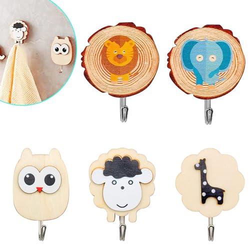 Yuaiosn 5 Stück Kindergarderobe, Kleiderhaken Kinder, Wandhaken Holz Ohne Bohren, Garderoben Kinderzimmer Deco Geschenk,Selbstklebender Haken für Kinder von Yuaiosn