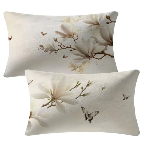 Kissenbezug 40x80 cm Beige Kissen 2er Set Sofakissen Samt Kissenbezug Blumen Dekokissen Doppelseitiger Gedruckte Kissenhüllen für Outdoor Garten Couch Bett Patio Auto Herbst Dekoration Geschenke 2m-7 von Yuammgxi