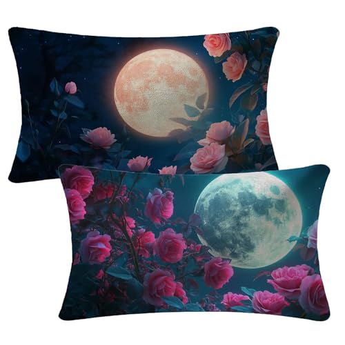 Kissenbezug 40x80 cm Blumen Kissen 2er Set Sofakissen Samt Kissenbezug Mond Dekokissen Doppelseitiger Gedruckte Kissenhüllen für Outdoor Garten Couch Bett Patio Auto Herbst Dekoration Geschenke 2m-193 von Yuammgxi